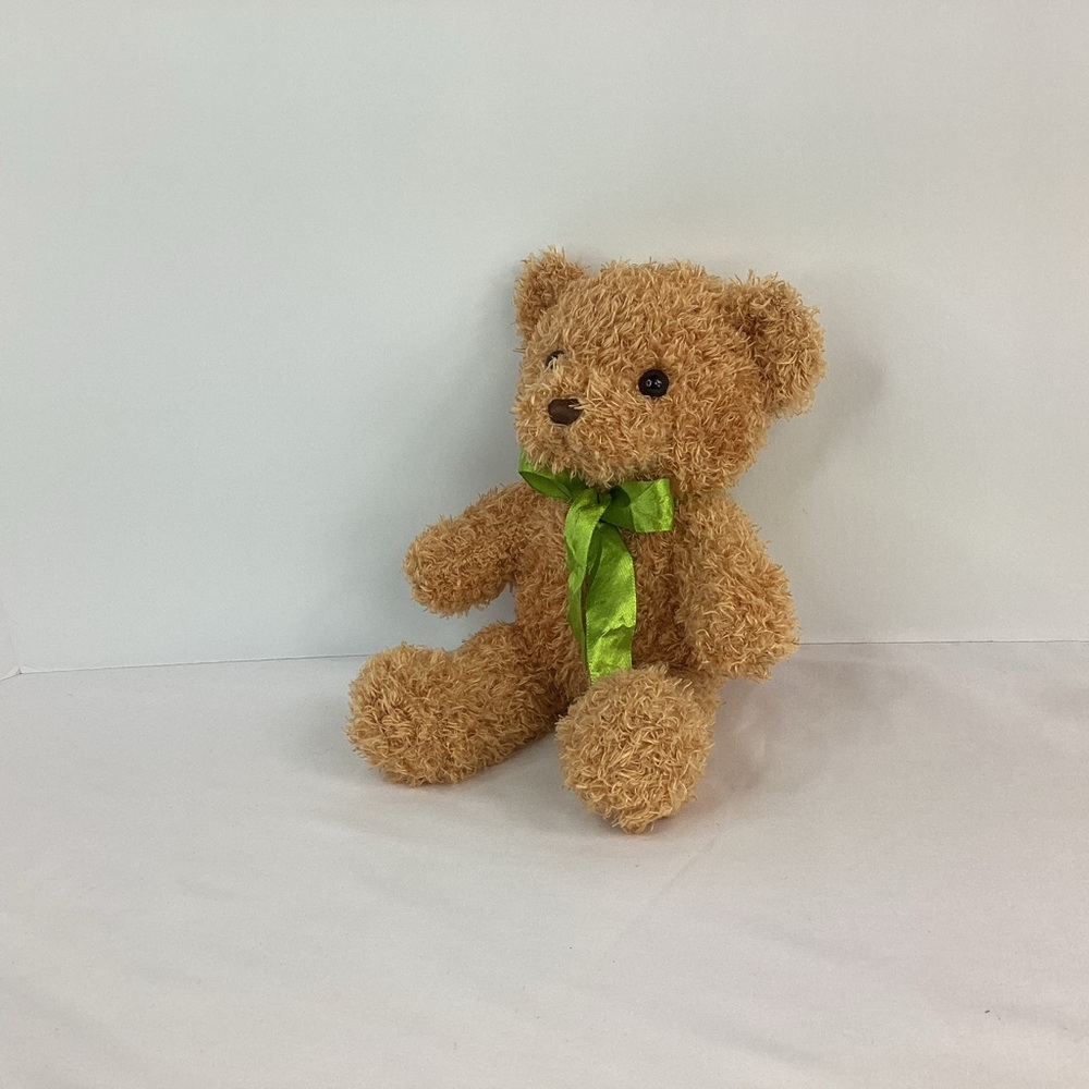 Teddy Bear Plush Tan Curly Textured Fur Green Ribbon 10” Stuffed Animal Toy - Picture 2 of 7